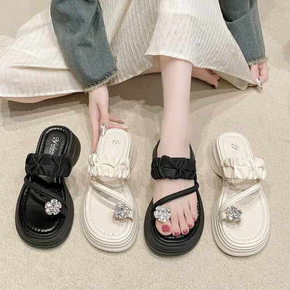 Rhinestone toe thick bottom slope slippers