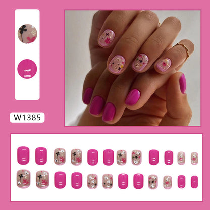 Short Square Magenta Floral Fake Nails