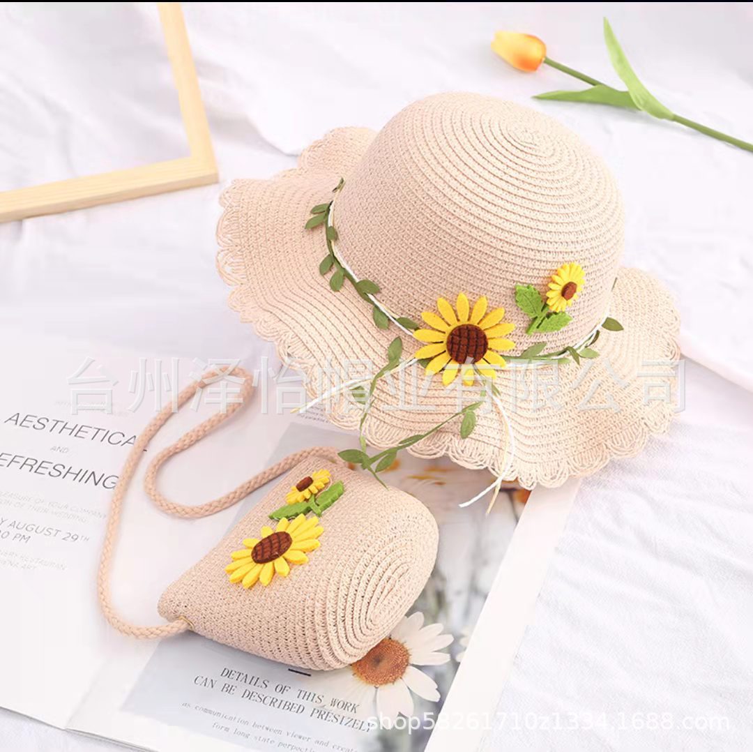 New Girls' Floral Beach Princess Hat with Bag Set Sun Protection