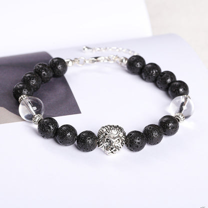 Natural black volcanic stone metal lion bracelet