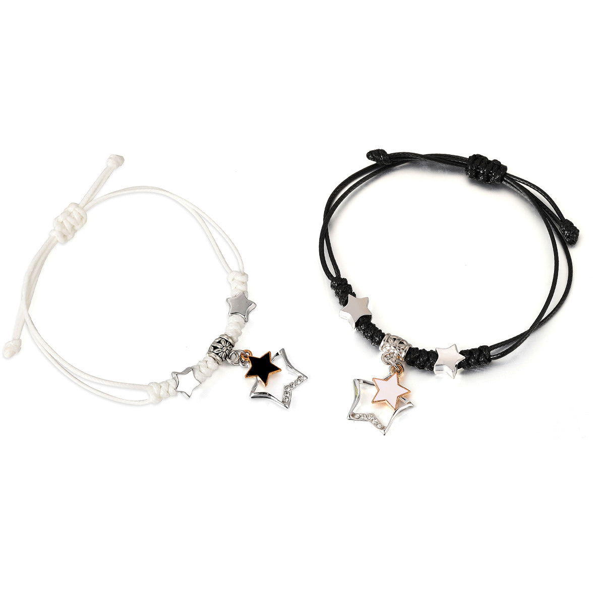 Pair of braided black and white pull-out bracelets