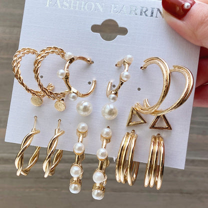 New Retro Pearl Women's Earrings 9-piece Set