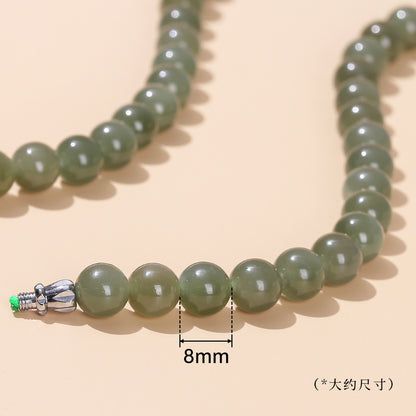 Natural clear water Hetian jade old bead necklace