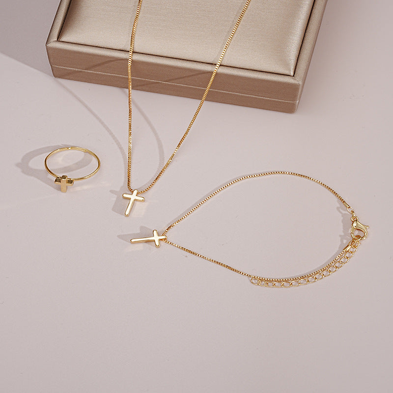 Gold Cross Ring Bracelet Necklace 3-Piece Set