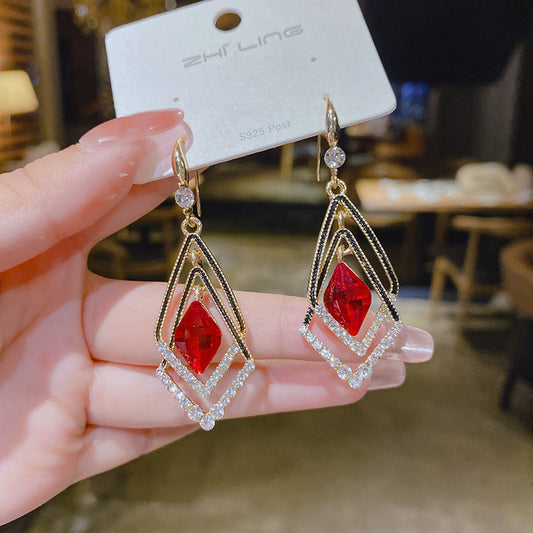 Red crystal double-layer rhombus earrings.