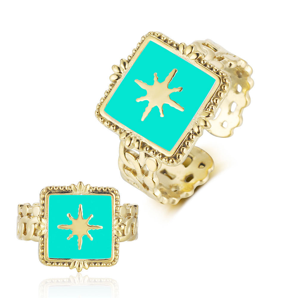 Anillo de acero de titanio con forma de corazón de melocotón y estrella goteante 