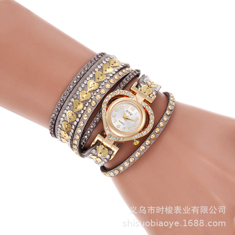 Wrap-Around Diamond-Embedded Bracelet Watch Heart Dial