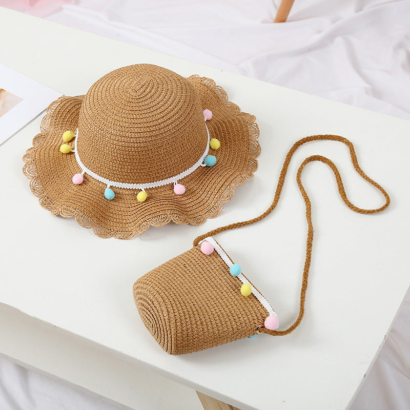 Kids Cool Hat Beaded Bag Sun Hat Girls' Summer Beach Wave Straw Wholesale