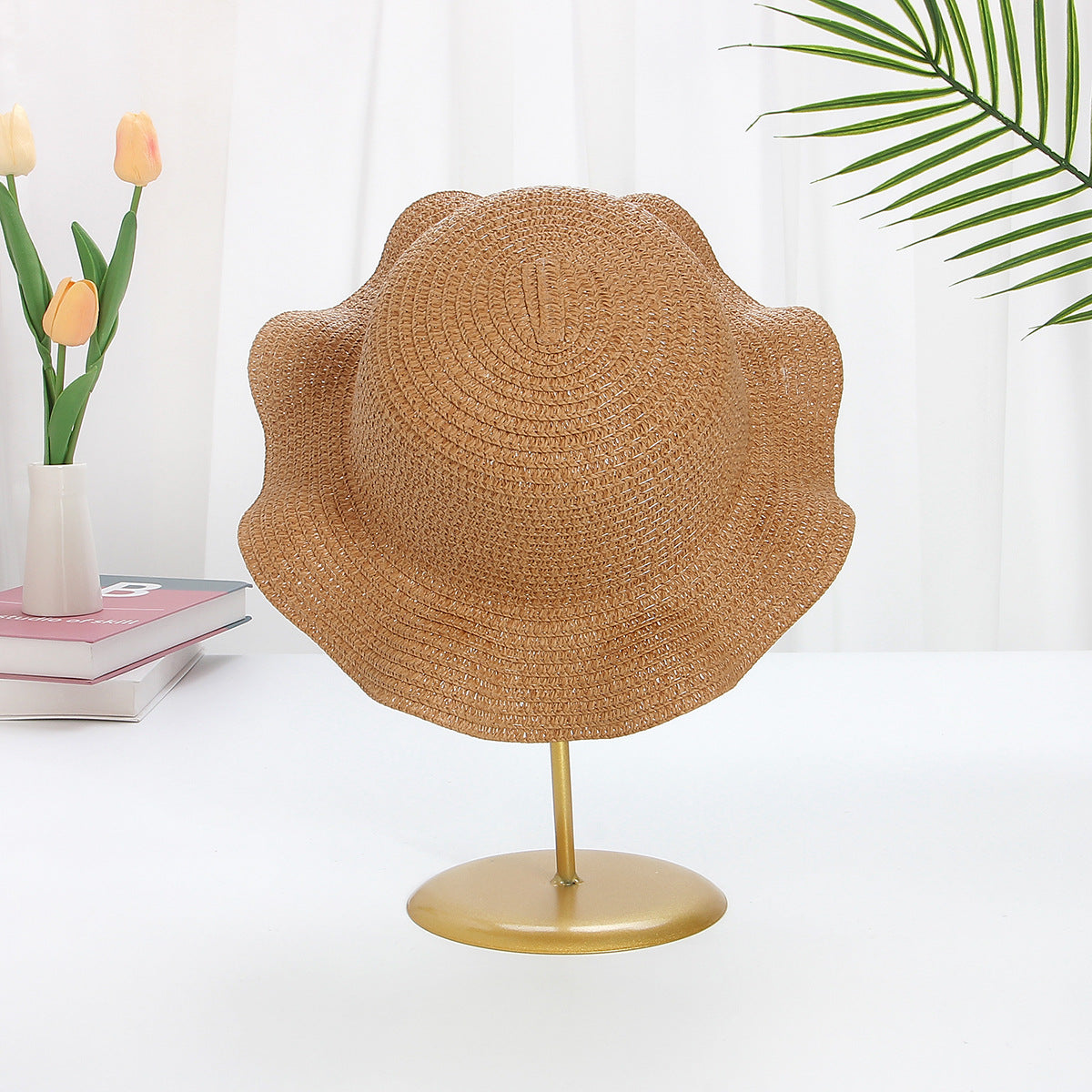 Sombrero de paja ondulado para niños con cordón resistente al viento y ala grande con protección solar 