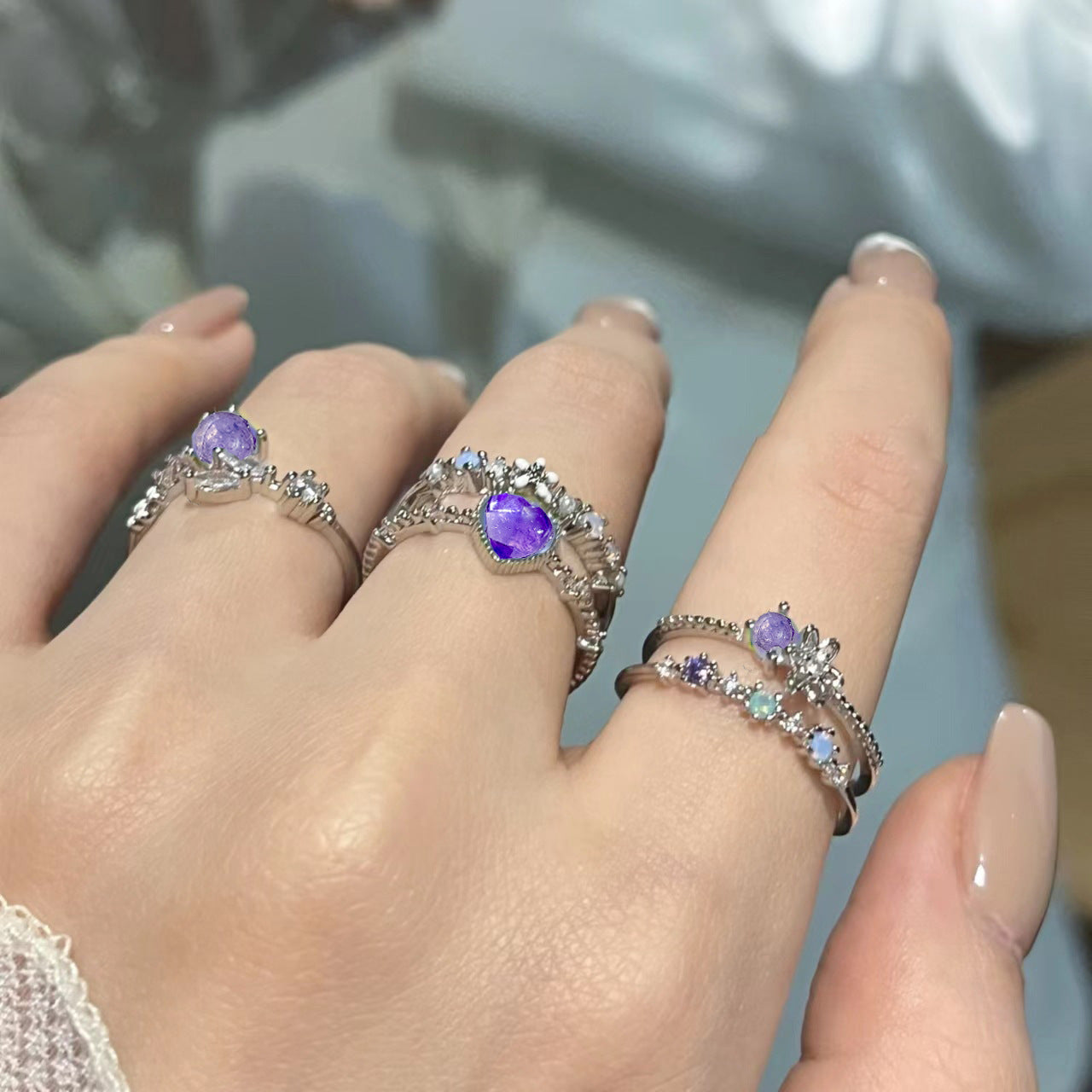 Purple Heart Moonlight Zircon Ring 3-Piece Set