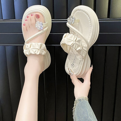 Rhinestone toe thick bottom slope slippers