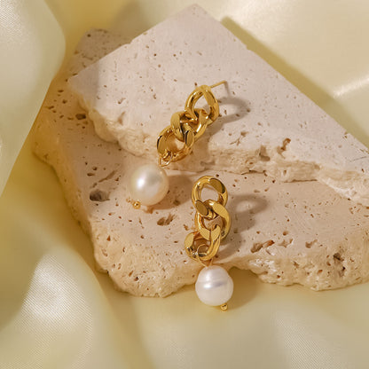 Women's Cuban chain freshwater pearl earrings