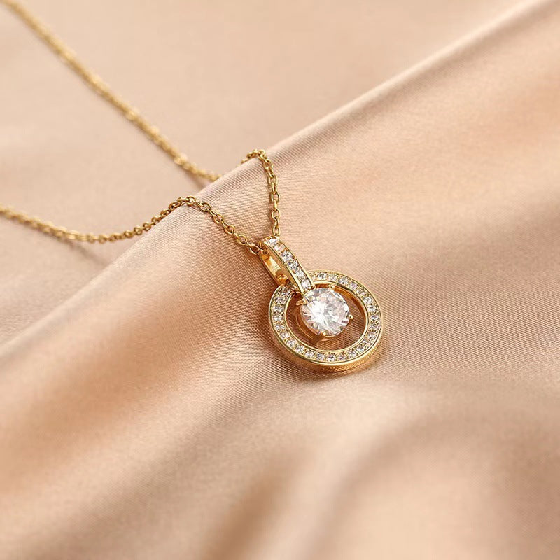 Zircon Circle Necklace: Elegant Retro Titanium Steel