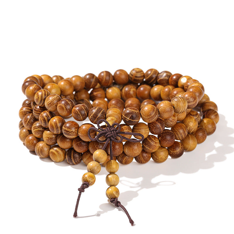 Pulsera de cuentas de Buda de sándalo dorado 108 de madera de seda dorada 