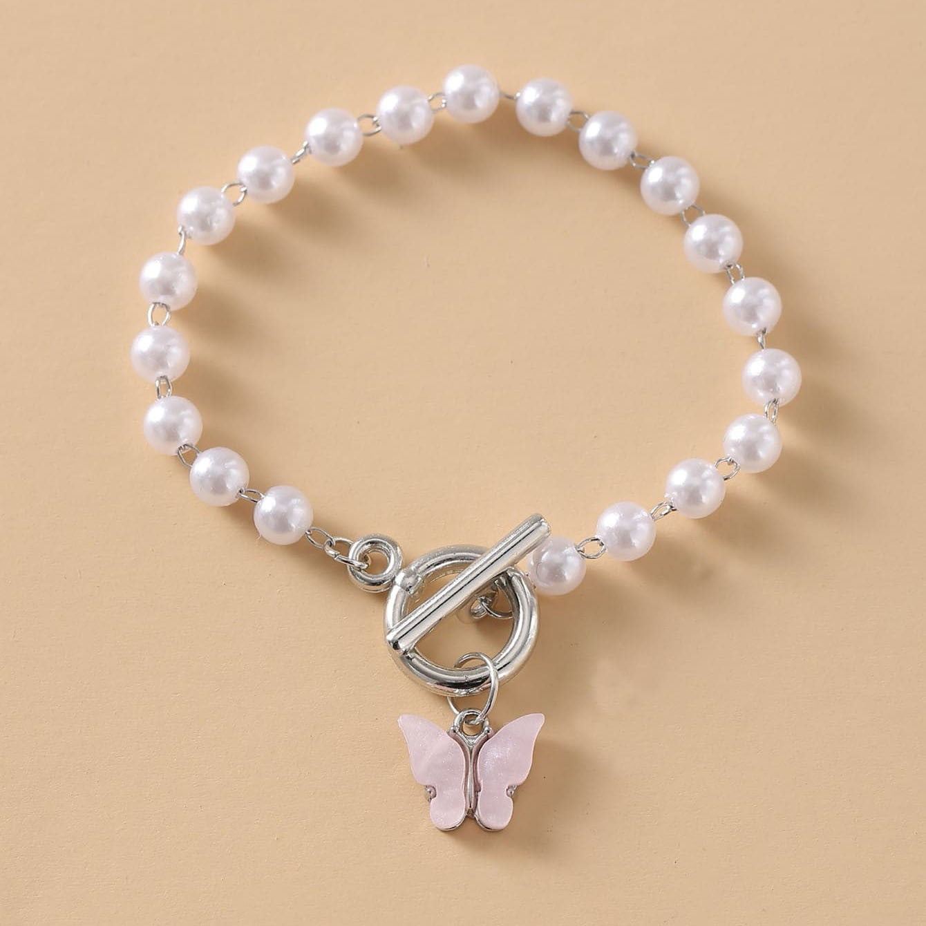 Pink Butterfly Pendant Pearl Bracelet