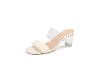 Sheer block heel, straight square-toe crepe slippers