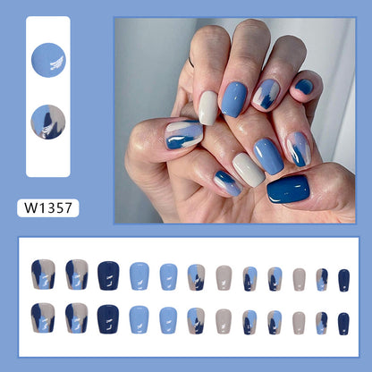 Short Deep Blue Contrast T-Shape Fake Nails