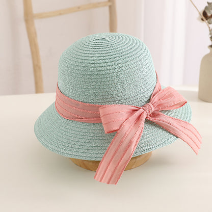 Spring Summer Bow Kids Straw Hat Travel Sun Protection Family Bag Set