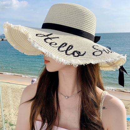 Sombrero de paja con letras bordadas y ala grande de moda para verano 