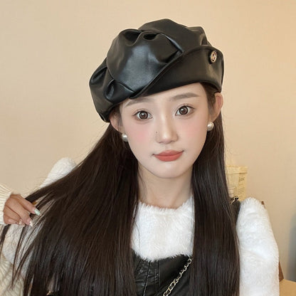 Black PU Beret Ruffled Vintage, Fall/Winter