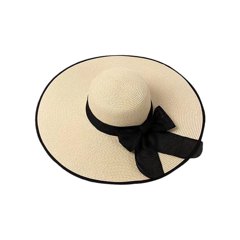 Summer Wide-Brim Straw Hat UV Protection Beach Vacation French Bow