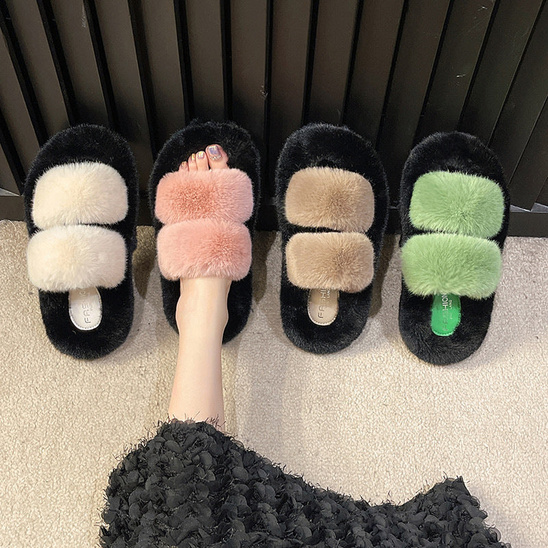 New color-blocked platform shearling slippers