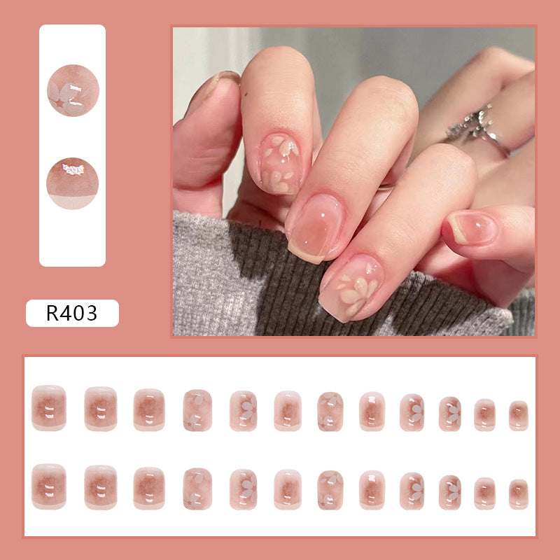 Wearable Short Removable Pink Transparent Floral Nails