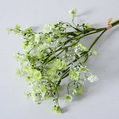 Holding a simulated bouquet of baby's breath