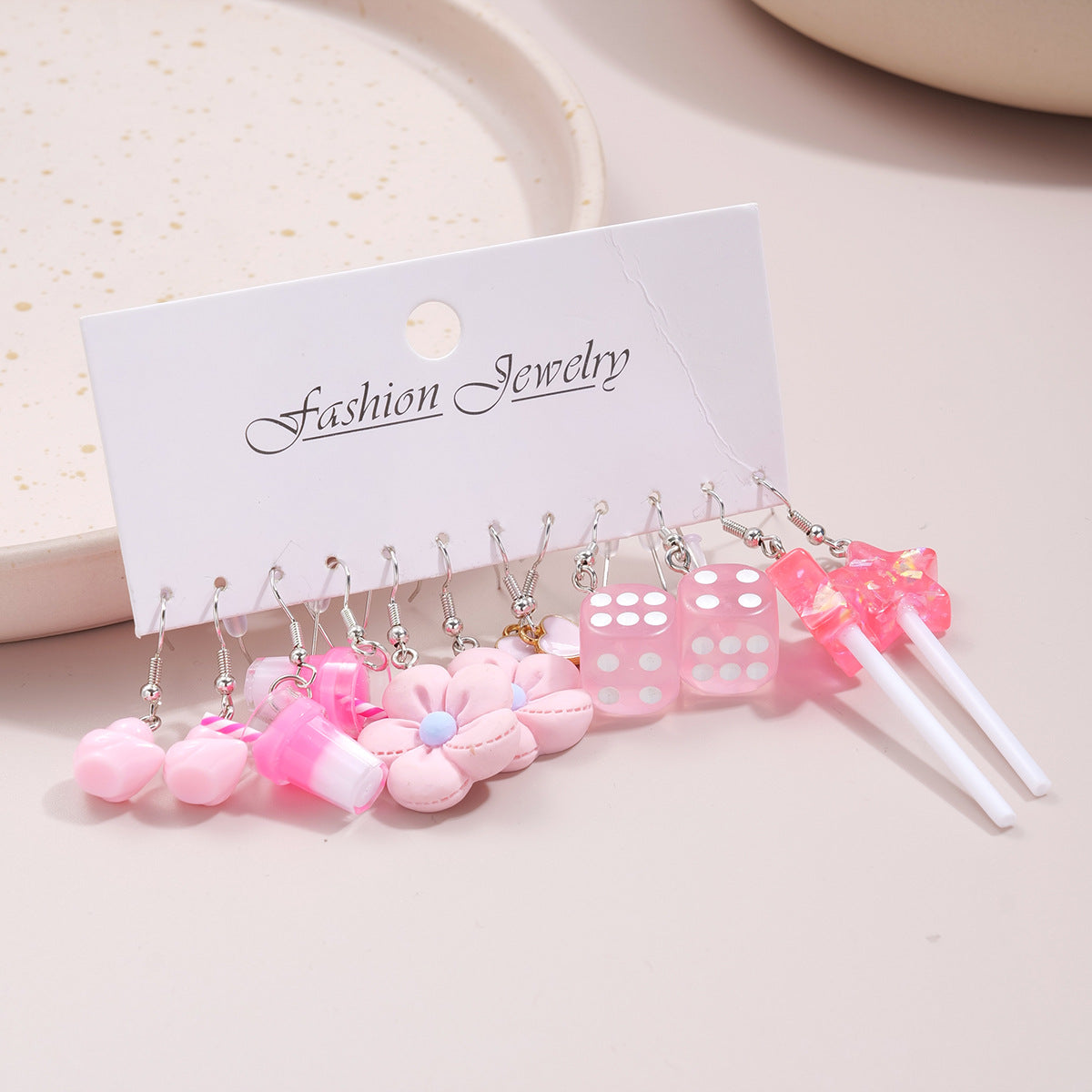 Flower Heart Milk Tea Resin Earrings 6 Pairs