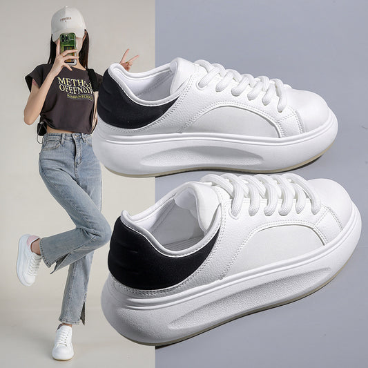 Women's sports style white thick-soled shoes