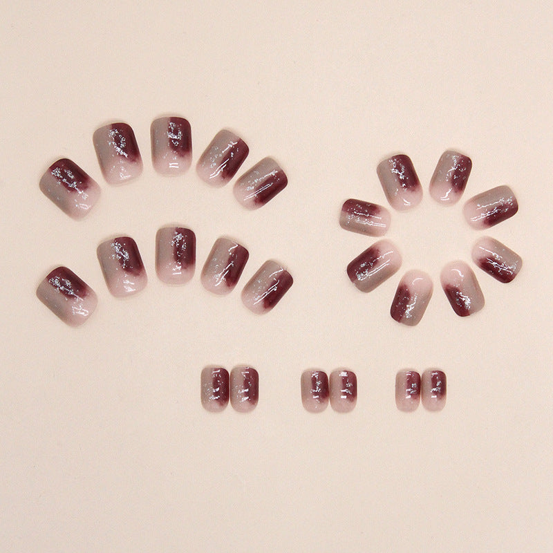 Short Red-Brown Ombre Square Fake Nails