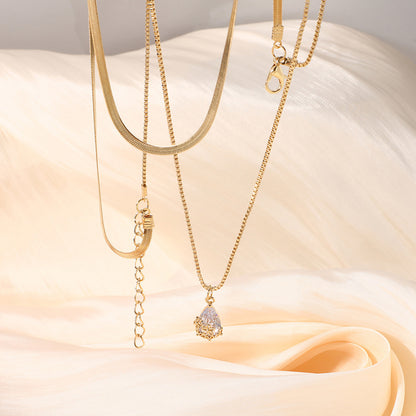 Golden teardrop zircon double-layer necklace