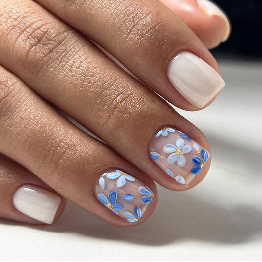 Short Blue Vintage Floral Square Fake Nails