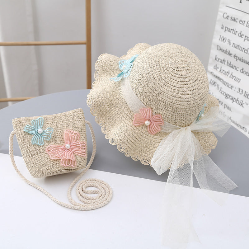 Sun Hat Summer Girls' Sun Protection Straw Bag Set Baby Stylish Lace Princess