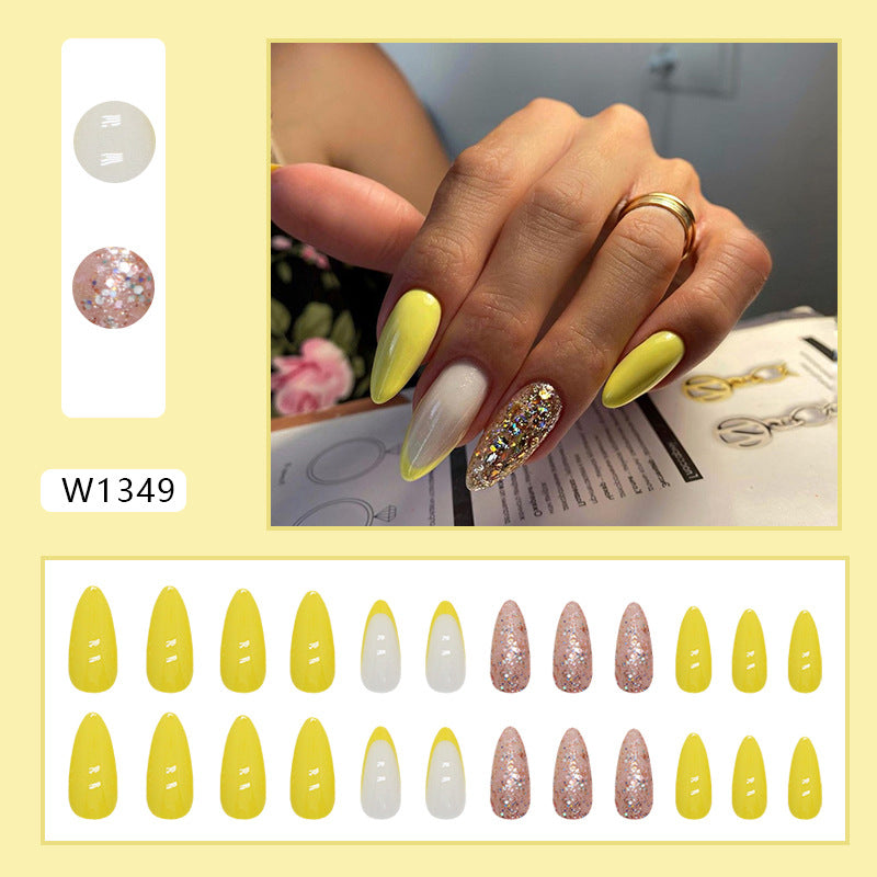 Long Almond Yellow French Glitter Fake Nails