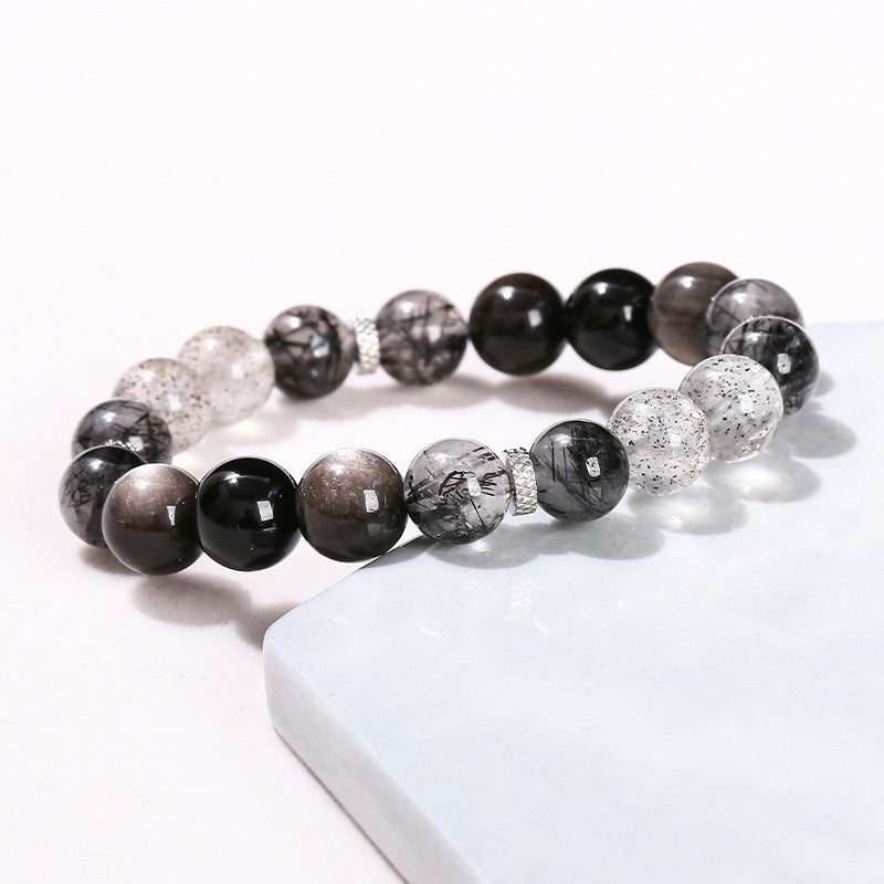 7A Natural Silver Obsidian Black Hair Crystal Mixed Bracelet