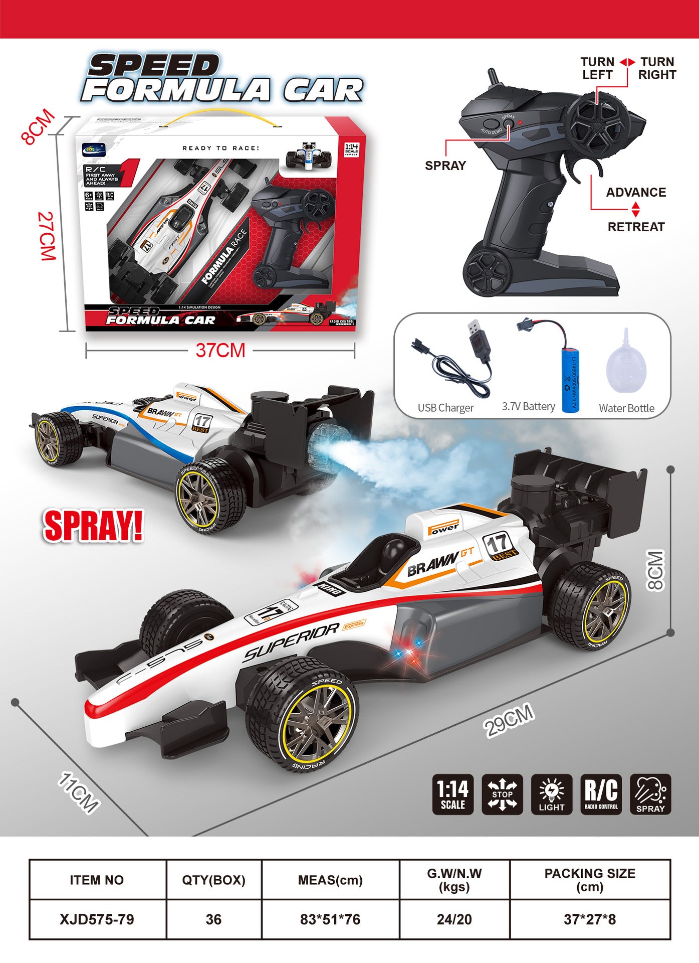 1:14 Scale Remote Control Formula Racing Car with Spray Function, Available in 5, 6, and 8 Channels Wireless Stunt Car