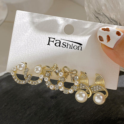 Bow Fishtail Pearl Moon Earrings 3-Piece Set