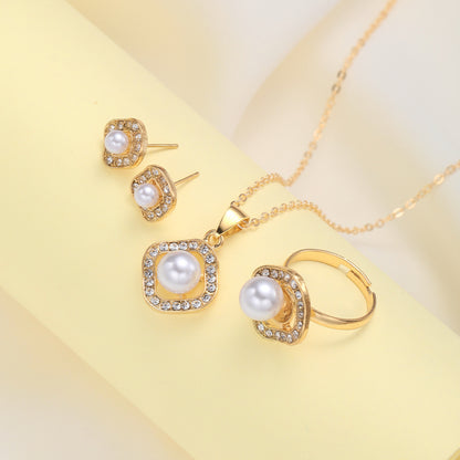 Diamond Square Pearl Earrings, Ring and Necklace Set