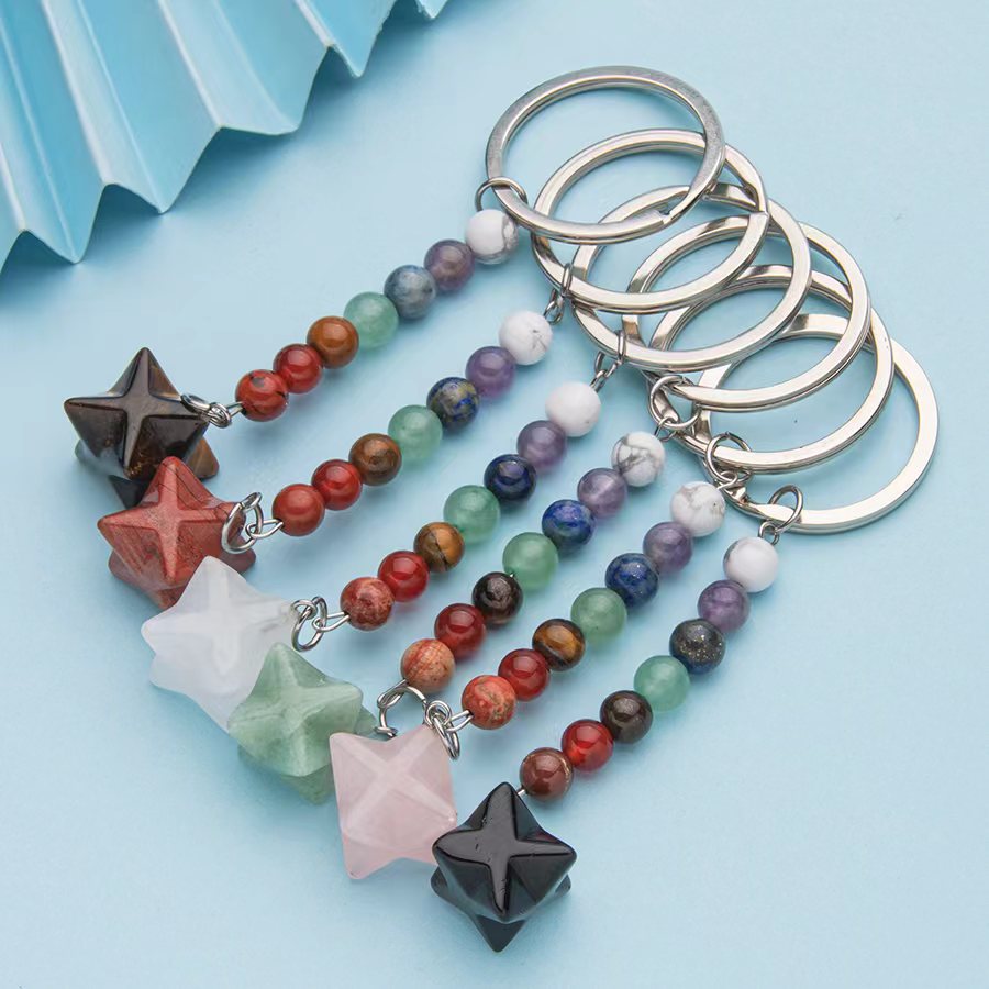 Colorful natural crystal Merkaba star pendant stainless steel keychain