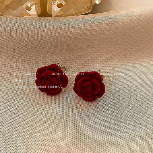 Burgundy Flocking Rose Tea Mountain Flower Earrings