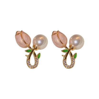 Electroplated Silver Needle Pearl Tulip Flower Earrings