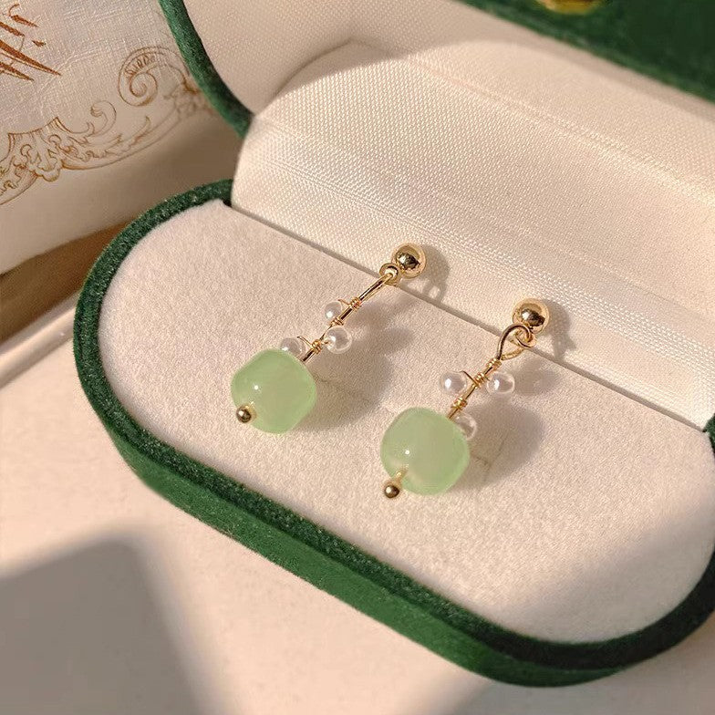 Jade bead pearl stud earrings pastoral earrings