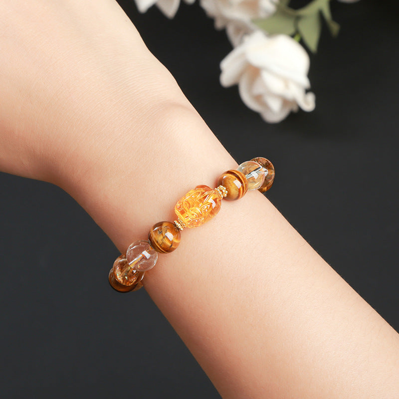 Natural yellow tiger eye stone citrine round bead bracelet.