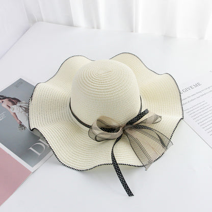 Korean Bow Wide Brim Straw Hat