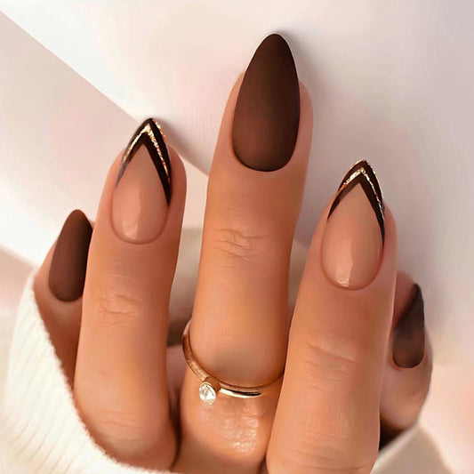 Brown French Almond White-Enhancing Fake Nails