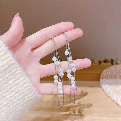 Tassel long pearl earrings