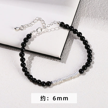 7A Natural Black Agate Broken Silver Bracelet