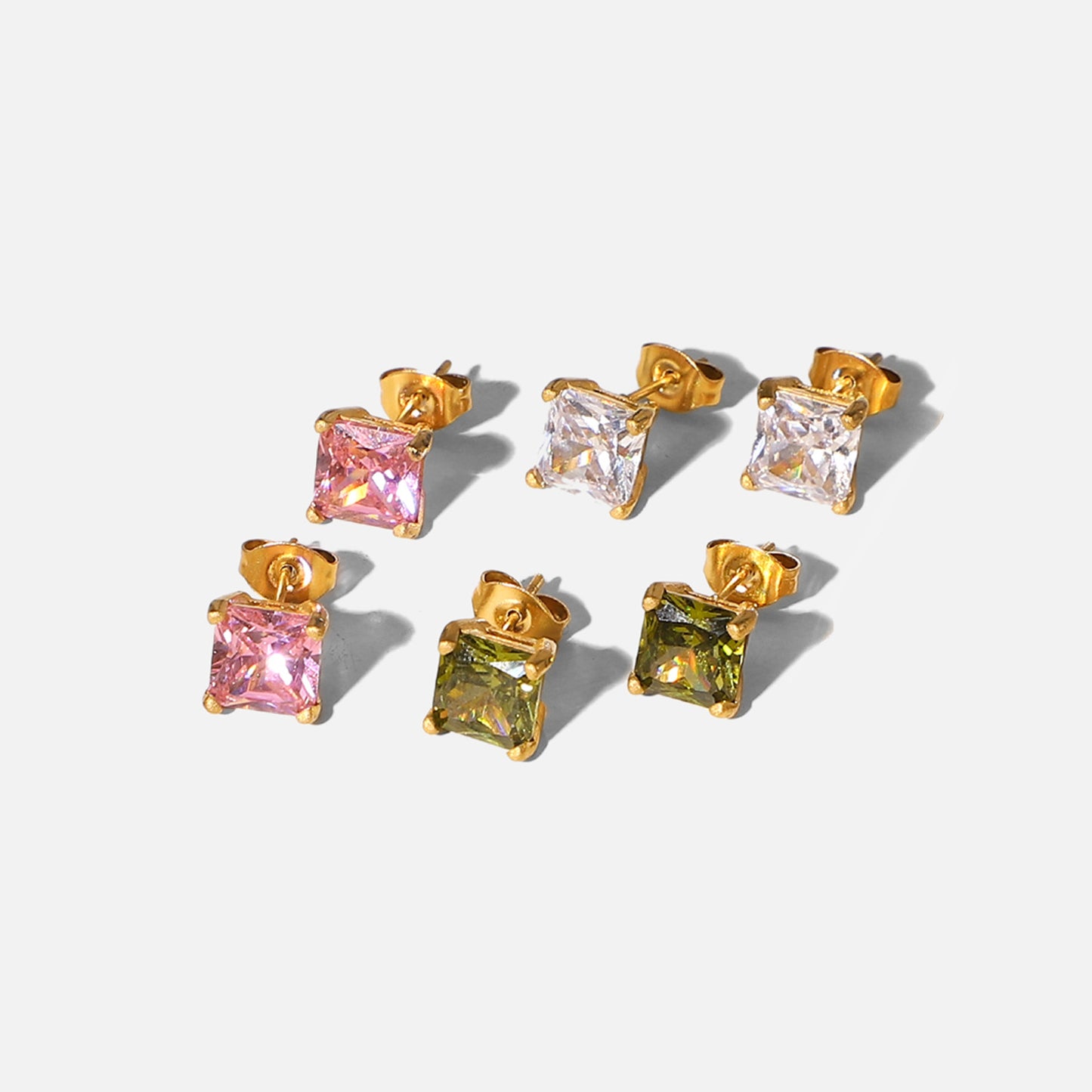 White/pink/tea green square zircon earrings