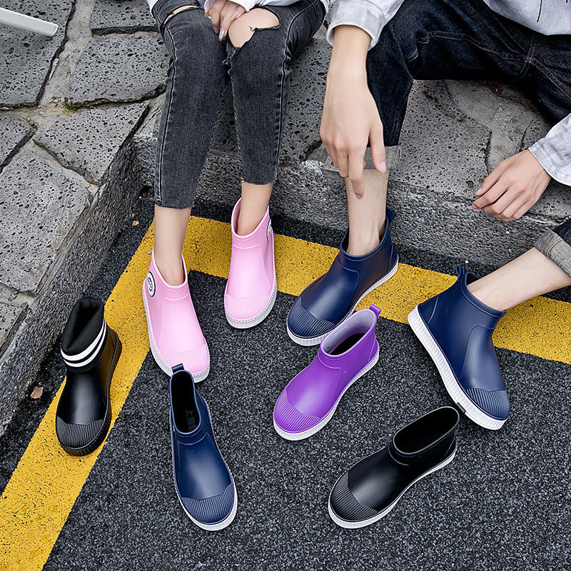 Rain shoes with soft soles are waterproof for outer wear.